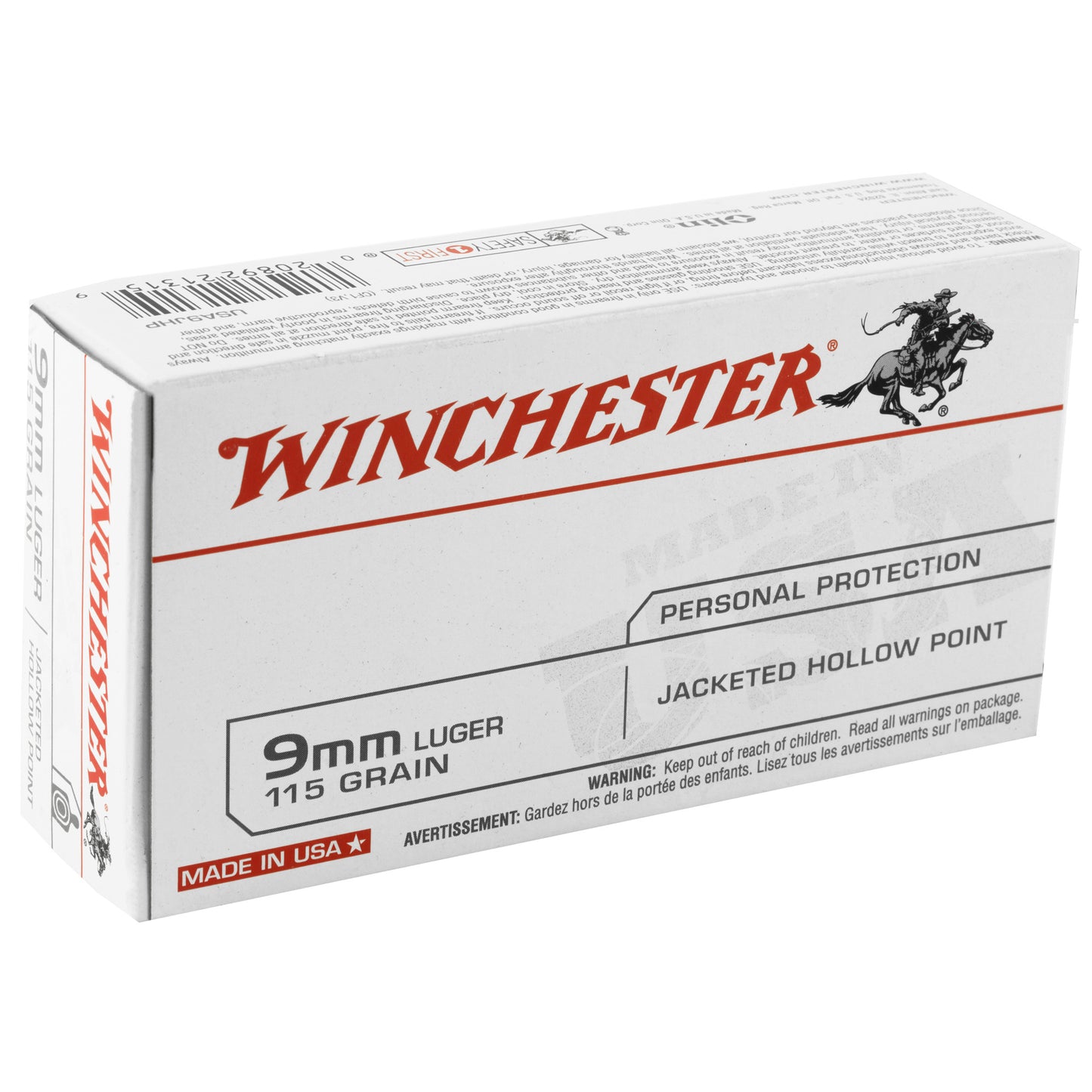 Winchester, USA, 9MM, 115 Grain, Jacketed Hollow Point, 50 Round Box