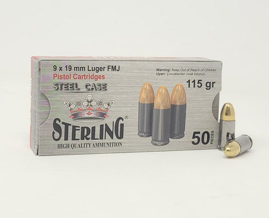 Century Arms, Sterling, Steel Case, 9MM, 115 Grain, Full Metal Jacket, 50 Round Box