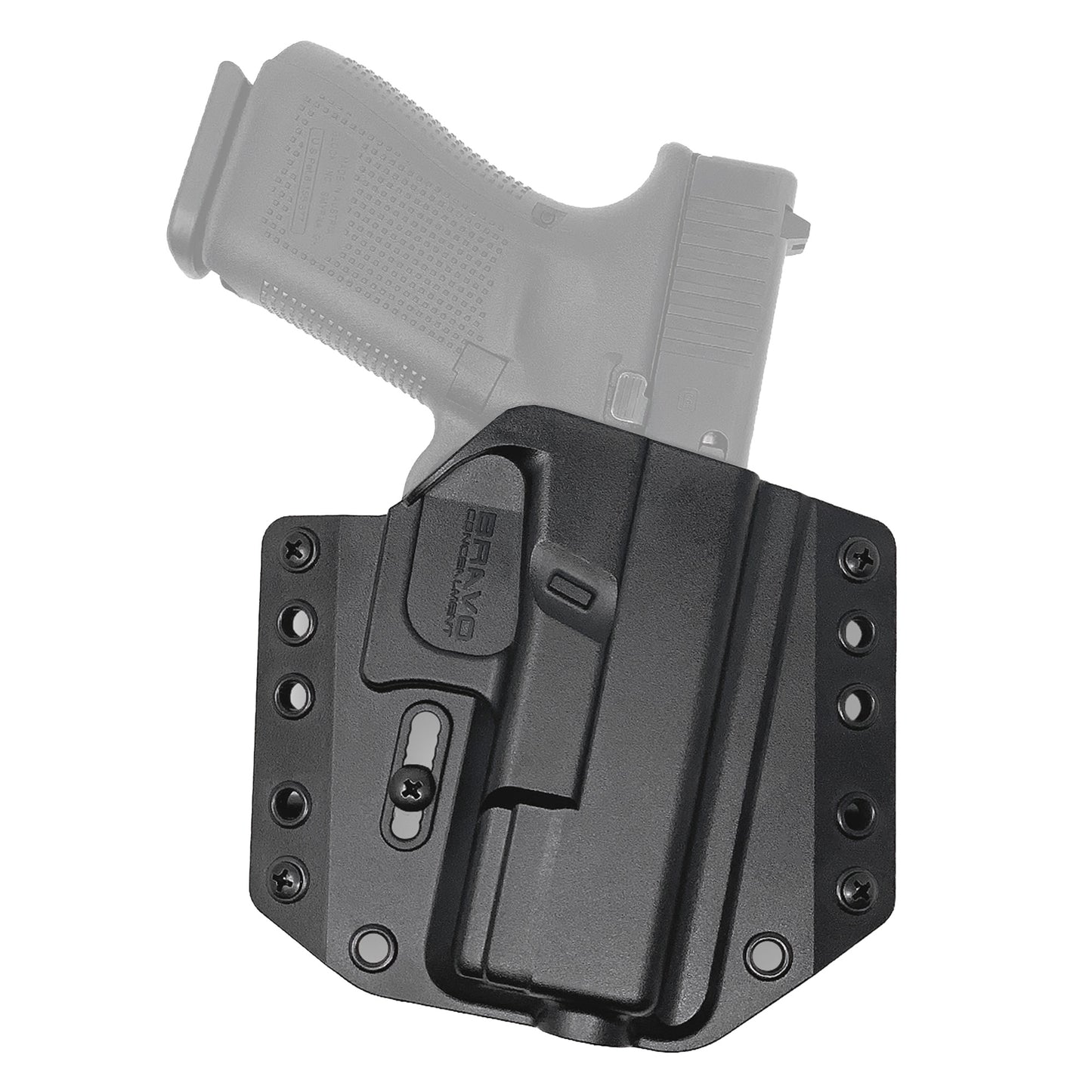 Bravo Concealment, BCA, OWB Concealment Holster, 1.5" Belt Loops, Fits Glock 19/19X/23/32/45 Right Hand, Black, Polymer, Does not fit Glock Gen 5 40SW