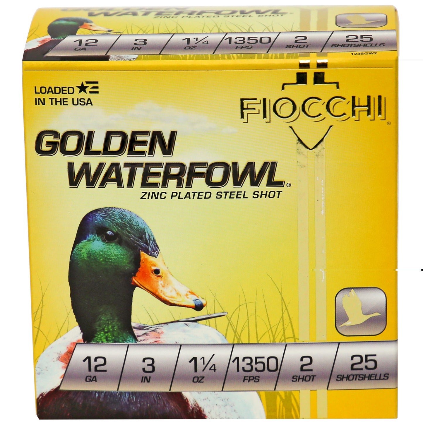 Fiocchi, Golden Waterfowl, 12 Gauge, 3", #2, Steel Shot, 25 Round Box