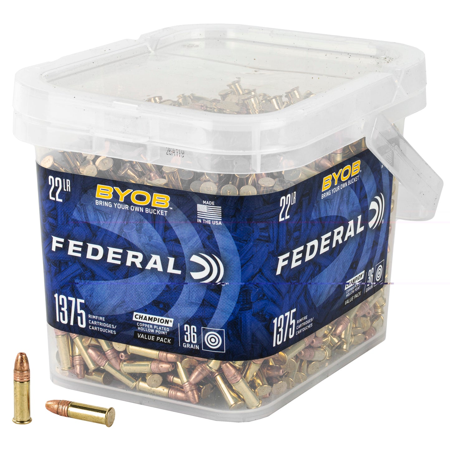 Federal, BYOB, Rimfire Bucket, 22 LR, 36 Grain, Copper Plated Hollow Point, 1,375 Rounds Per Bucket, 2 Buckets Included