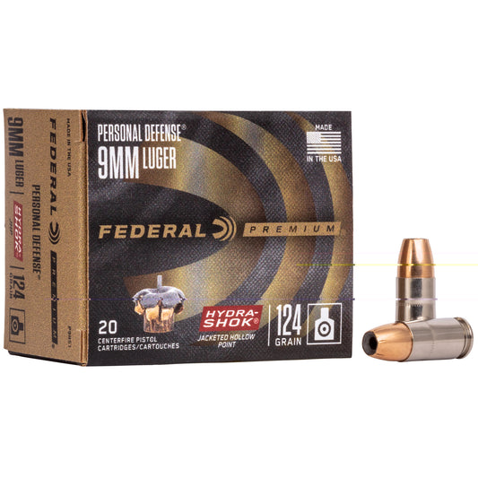 Federal, Hydra-Shok, 9MM, 124 Grain, Hollow Point, 20 Round Box