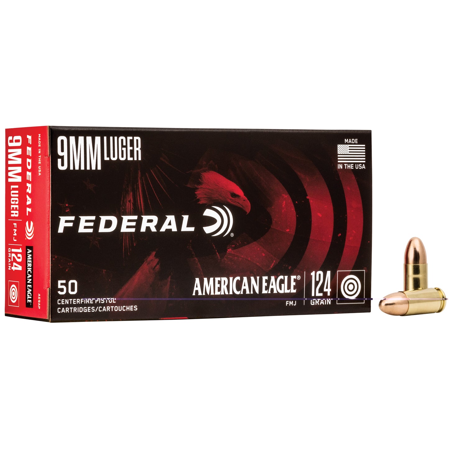 Federal, American Eagle, 9MM, 124 Grain, Full Metal Jacket, 50 Round Box