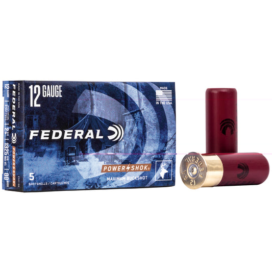 Federal, PowerShok, 12 Gauge, 2.75", 00 Buck, Max Dram, Buckshot, 9 Pellets,5 Round Box