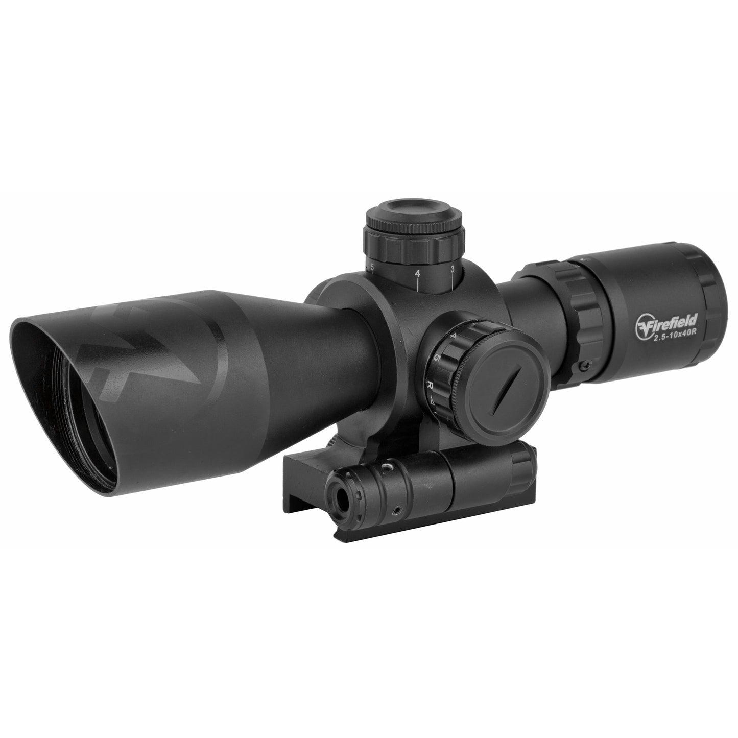 Firefield, Barrage Rifle Scope, 2.5-10X40, Black, Class IIIA Red Laser, Illuminated Red/Green Mil-Dot Reticle, 2-Piece Mount