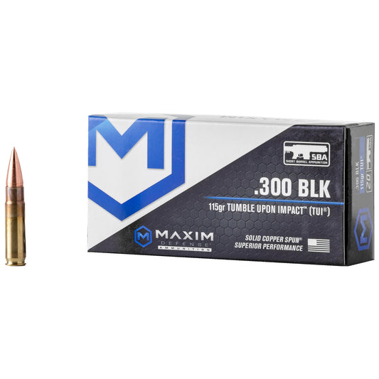 Maxim Defense Industries, SBA Short Barrel Ammunition, 300 Blackout, 115 Grain, Solid Copper Bullet, TUI (Tumble Upon Impact) Design, 20 Round Box