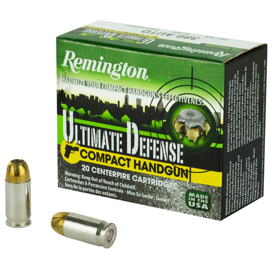 Remington, Compact Ultimate Home Defense, 380 ACP, 102 Grain, Brass Jacketed Hollow Point, 20 Round Box