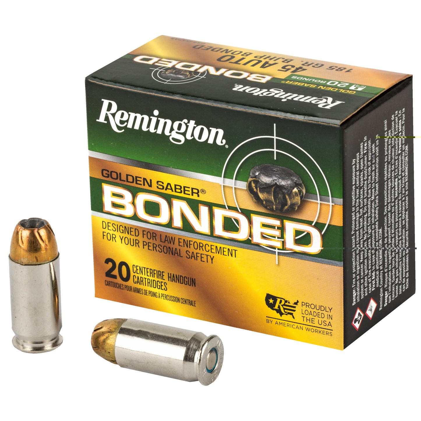 Remington, Golden Saber, 45 ACP, 185 Grain, Brass Jacketed Hollow Point Bonded, 20 Round Box