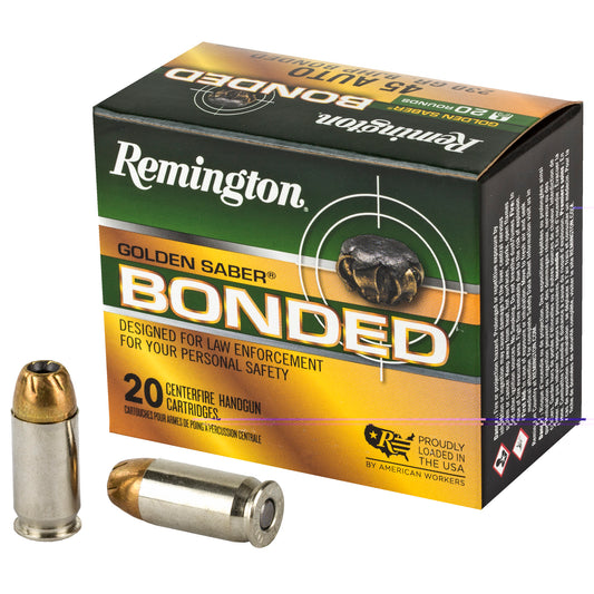 Remington, Golden Saber, 45 ACP, 230 Grain, Brass Jacketed Hollow Point Bonded, 20 Round Box