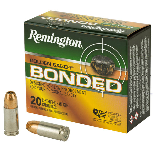 Remington, Golden Saber, 9MM, 124 Grain, Brass Jacketed Hollow Point Bonded, 20 Round Box