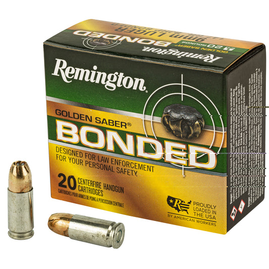 Remington, Golden Saber, 9MM, 147 Grain, Brass Jacketed Hollow Point Bonded, 20 Round Box