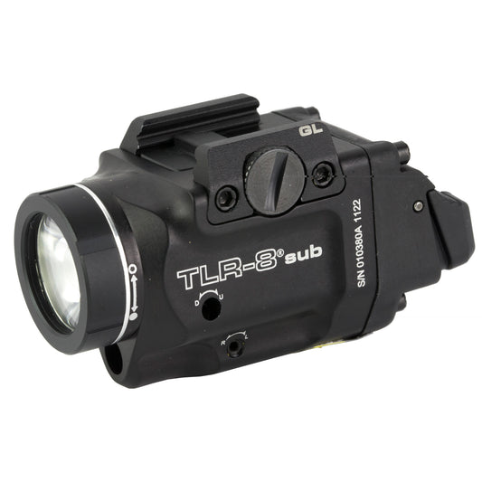 Streamlight, Streamlight TLR-8 Sub, White LED with Red Laser, Fits Glock 43x/48 MOS, 500 Lumens, Anodized Finish, Black, Includes (1) CR123a Battery, Low and High Switches