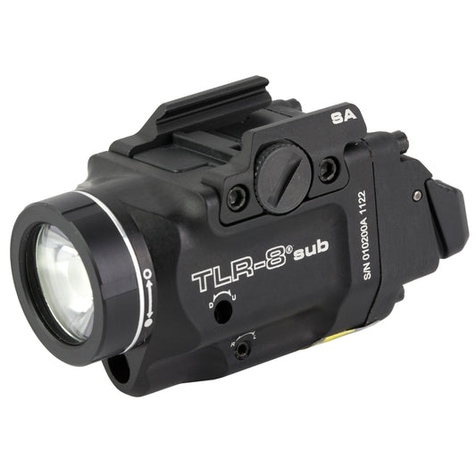 Streamlight, Streamlight TLR-8 Sub, White LED with Red Laser, Fits Springfield Hellcat, 500 Lumens, Anodized Finish, Black, Includes (1) CR123a Battery, Low and High Switches