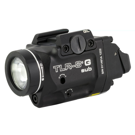 Streamlight, Streamlight TLR-8 G Sub, White LED with Green Laser, Fits Glock 43x/48 MOS, 500 Lumens, Anodized Finish, Black, Includes (1) CR123a Battery, Low and High Switches