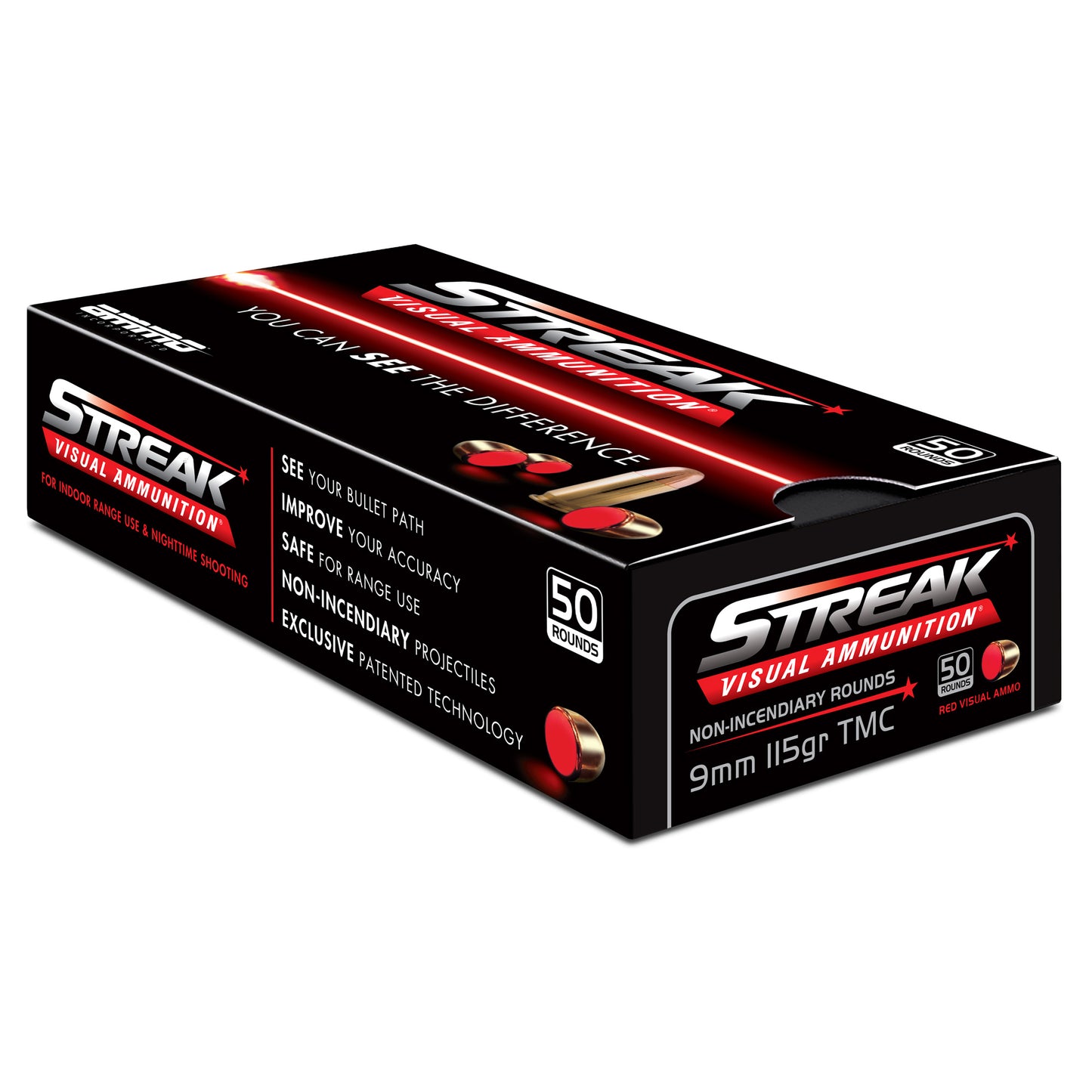 STREAK Ammunition, Visual Ammunition, 9MM, 115Gr, Total Metal Coating, Tracer, 50 Round Box