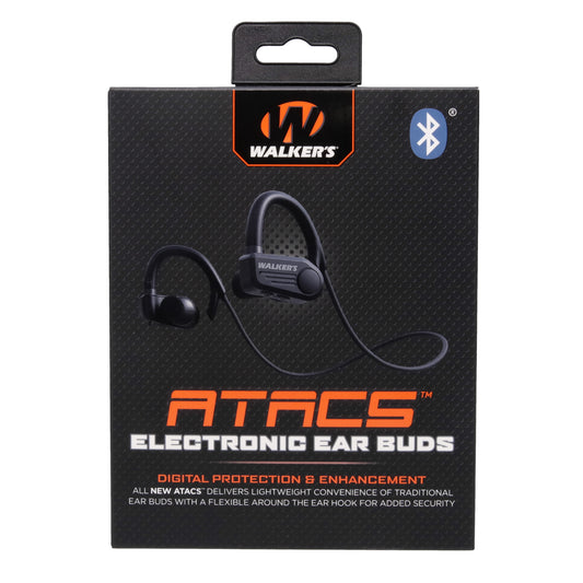 Walker's, ATACS Sport Earbuds, Bluetooth Enabled, Noise Reduction 24DB. Rechargeable, Black, Includes Charging Cable and Foam Ear Tips