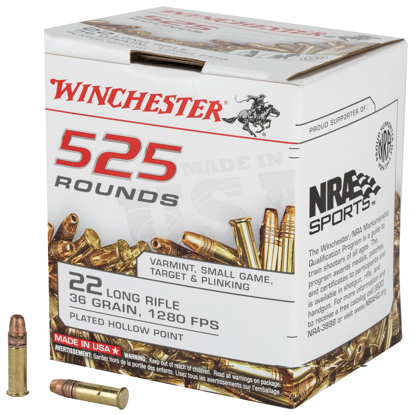 Winchester Ammunition, USA, 22LR, 36 Grain, Copper Plated Hollow Point, 525 Round Brick