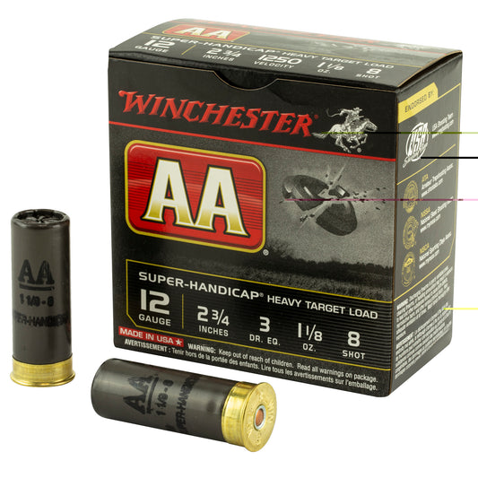 Winchester, AA Super Handicap, 12 Gauge, 2.75", #8, 3 Dram, 1.125 oz., Shotshell, 25 Round Box