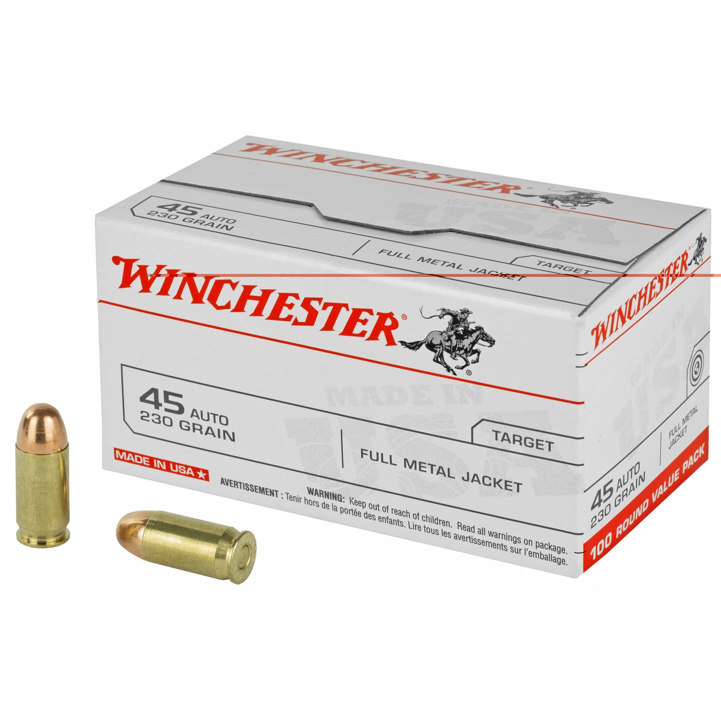 Winchester, USA, 45ACP, 230 Grain, Full Metal Jacket, 100 Round Box