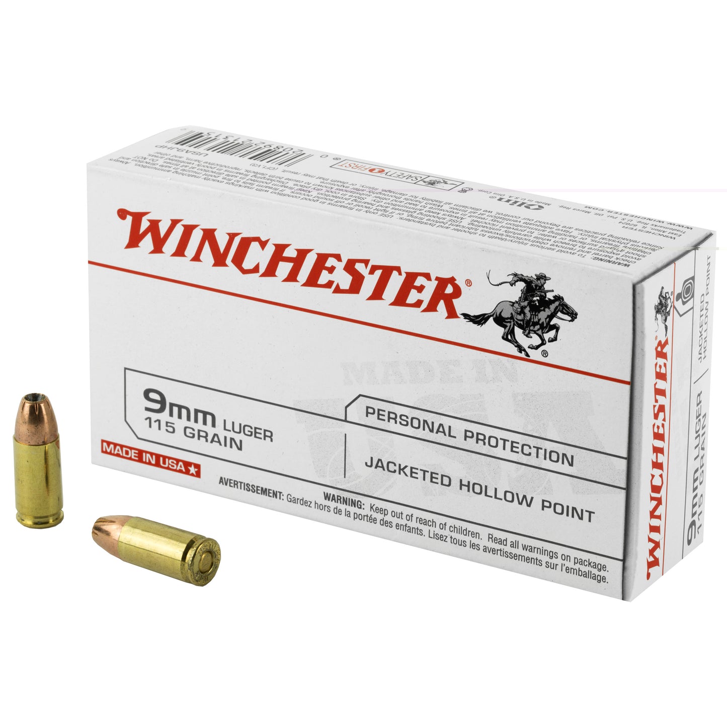 Winchester, USA, 9MM, 115 Grain, Jacketed Hollow Point, 50 Round Box