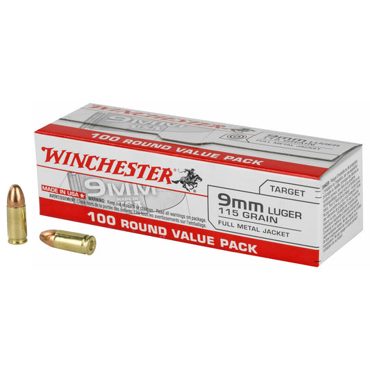 Winchester, USA, 9MM, 115 Grain, Full Metal Jacket, 100 Round Box