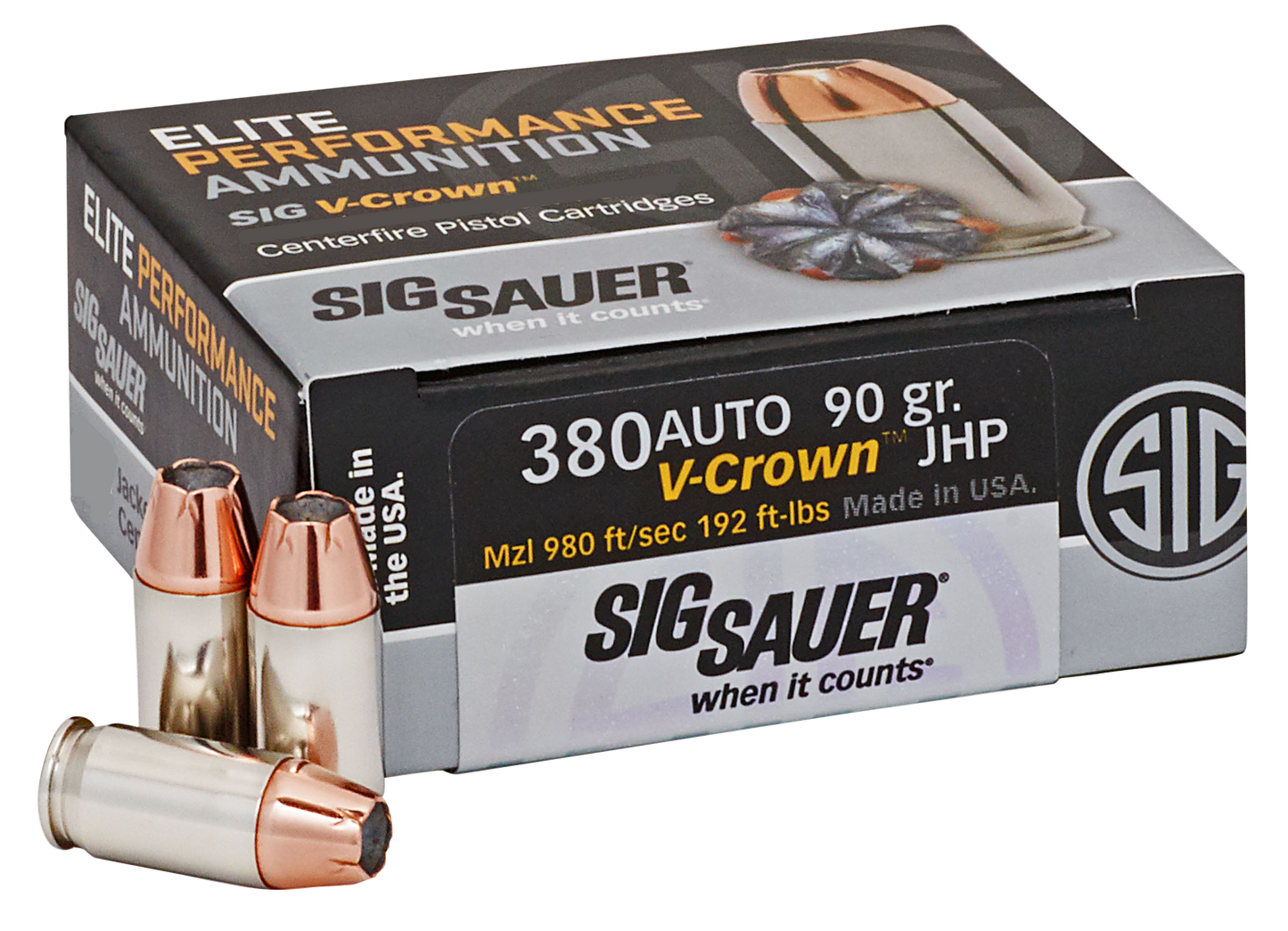 Sig Sauer E380A150 Elite Defense 380 ACP 90 gr V Crown Jacketed Hollow Point 50 Round Box