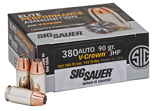 Sig Sauer E380A150 Elite Defense 380 ACP 90 gr V Crown Jacketed Hollow Point 50 Round Box