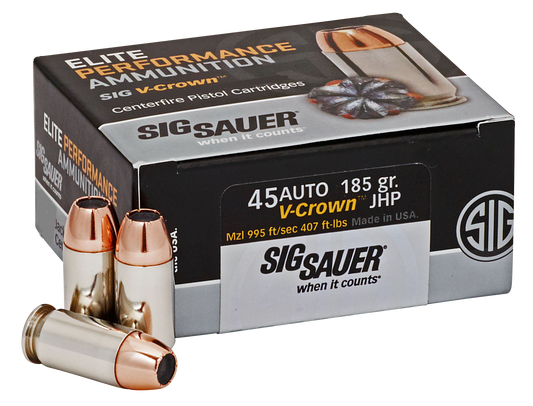 Sig Sauer E45AP050 Elite Defense 45 ACP 185 gr V Crown Jacketed Hollow Point 50 Round Box