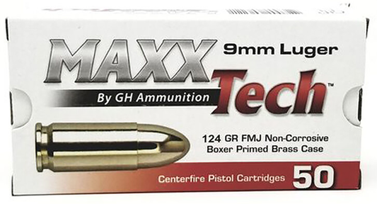 MaxxTech PTGB912B Brass Pistol 9mm Luger 124 gr Full Metal Jacket 50 Round Box