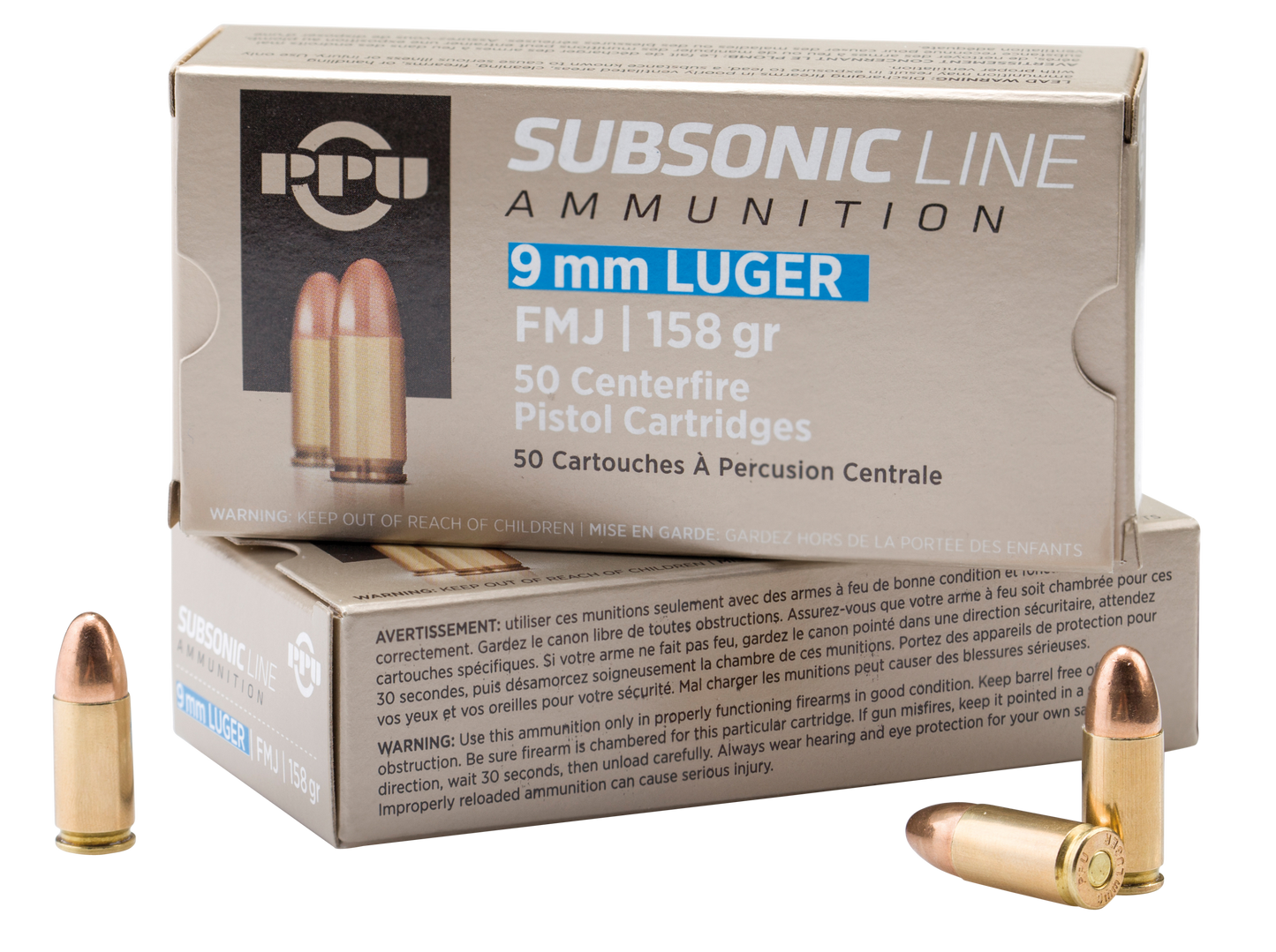 PPU PPS9MM Subsonic 9mm Luger Subsonic 158 gr Full Metal Jacket 50 Round Box