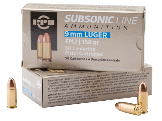 PPU PPS9MM Subsonic 9mm Luger Subsonic 158 gr Full Metal Jacket 50 Round Box