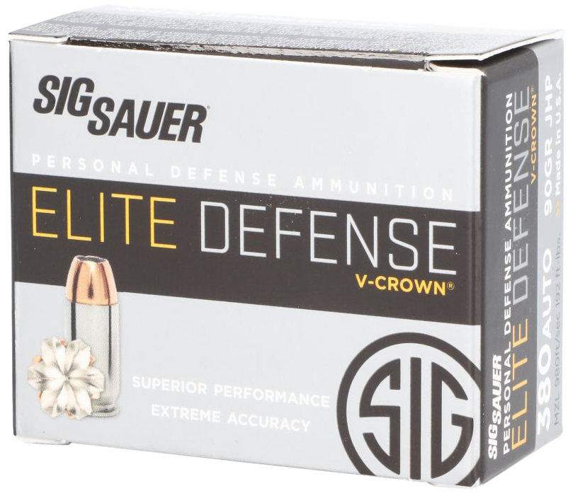 Sig Sauer E380A120 Elite Defense 380 ACP 90 gr V Crown Jacketed Hollow Point 20 Round Box