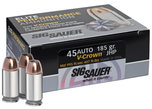 Sig Sauer E45AP020 Elite Defense 45 ACP 185 gr V Crown Jacketed Hollow Point 20 Round Box