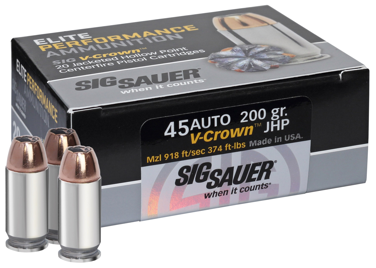 Sig Sauer E45AP220 Elite Defense 45 ACP 230 gr V Crown Jacketed Hollow Point 20 Round Box