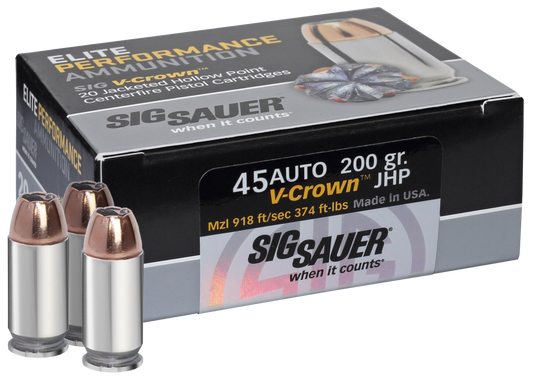 Sig Sauer E45AP220 Elite Defense 45 ACP 230 gr V Crown Jacketed Hollow Point 20 Round Box